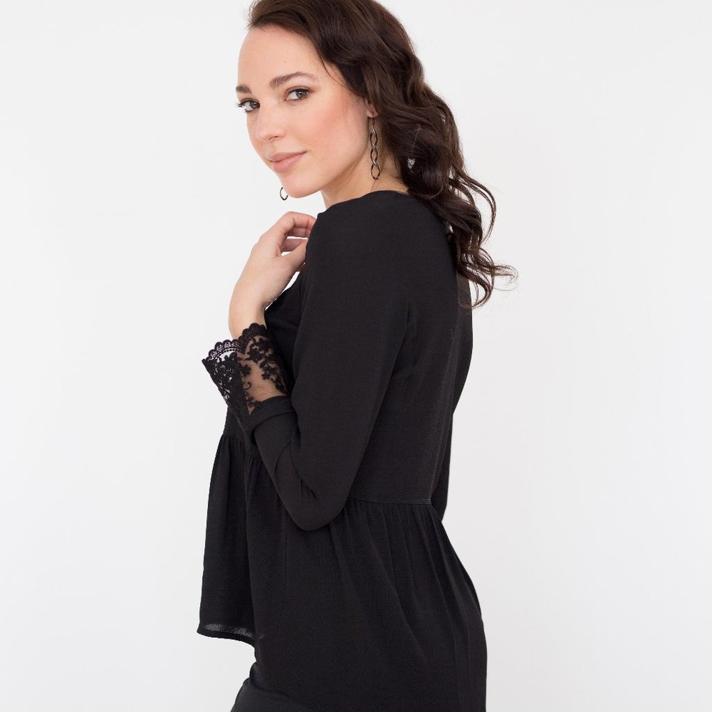 Black blouse with lace long sleeves crepe fabric